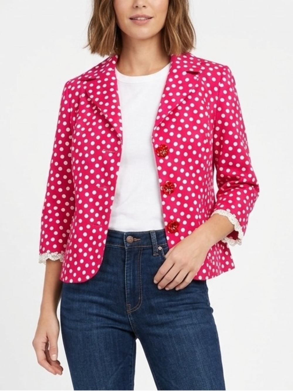LUCIANO CHOI Hot Pink White Polka Dot Blazer Jacket Bow Lace Size Medium